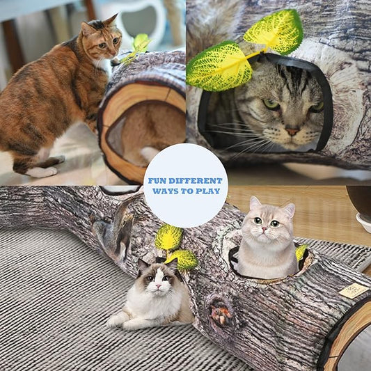 Tree Trunk cat Tunnel,Cat Tunnels for Indoor Cats, Cat Bed Tree Hole Toy with Three Channels and Leaves, Foldable & Easy to Store, Suitable for Cats and Other Small Animals to Chase and Play