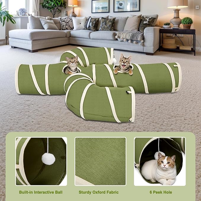 Ownpets Cat Tunnel Cactus-Shaped, Sturdy Oxford Fabric Collapsible Cat Tunnels for Indoor Cats,Interactive Peek Hole Pet Tunnel Tube with Cat Wand Toy, Green