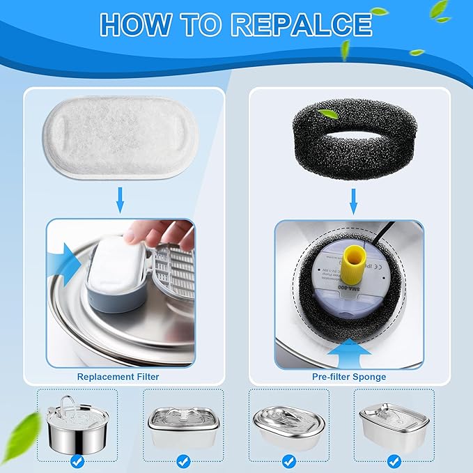 Cat Water Fountain Filters, 40 Pack Cat Replacement Filters for Stainless Steel 108oz/3.2L& 67oz/2L adjustable Flow Pet Water, Dog Fountain Filter(20 + 20 Pack)