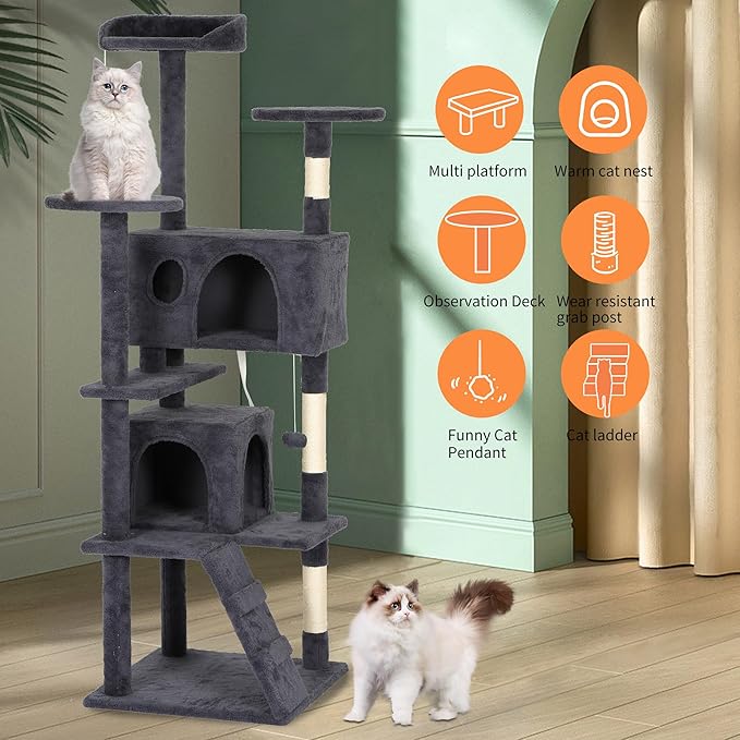 BestPet 62in Cat Tree Tower for Indoor Cats,Multi-Level Cat Furniture Activity Center with Cat Scratching Posts Stand House Cat Condo with Funny Toys for Kittens Pet Play House,Dark Gray