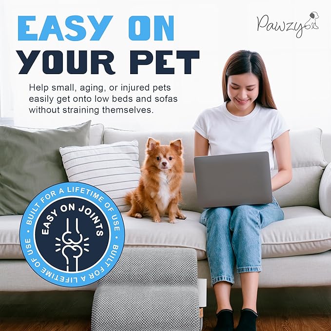 PAWZY Foam Pet Stairs for Bed, Couch or Window PREFIXED Cover - Wide Steps for Bed, Waterproof, Non-Slip Base - 4 Tier Ramp 20'' Height - Dog Stairs for Small Dogs, Puppies, Cats - (Gray, 4 Step, 1)