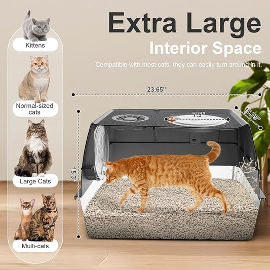 Stainless Steel Cat Litter Box with Lid XL Extra Large Kitty Litter Box Enclosed Top Entry Metal Litterbox for Big Cats Easy Cleaning Anti-Leakage & High Sided with Mat Aisle & Scoop (Dark Grey)