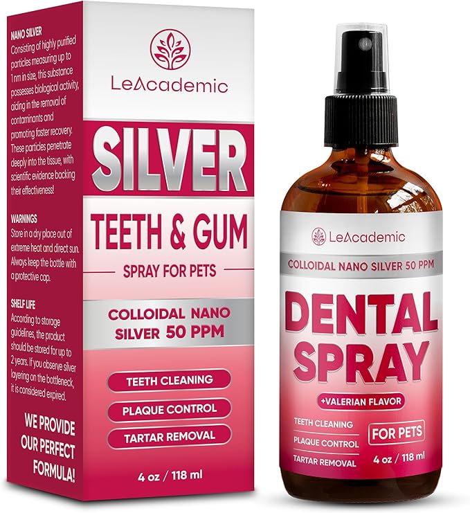 Dental Spray for Pets – Cat & Dog Breath Freshener That Helps with Tartar, Plaque, & Bad Odor – Silver 50 PPM + Valerian Flavour for Dog Teeth Cleaning – 4 Oz