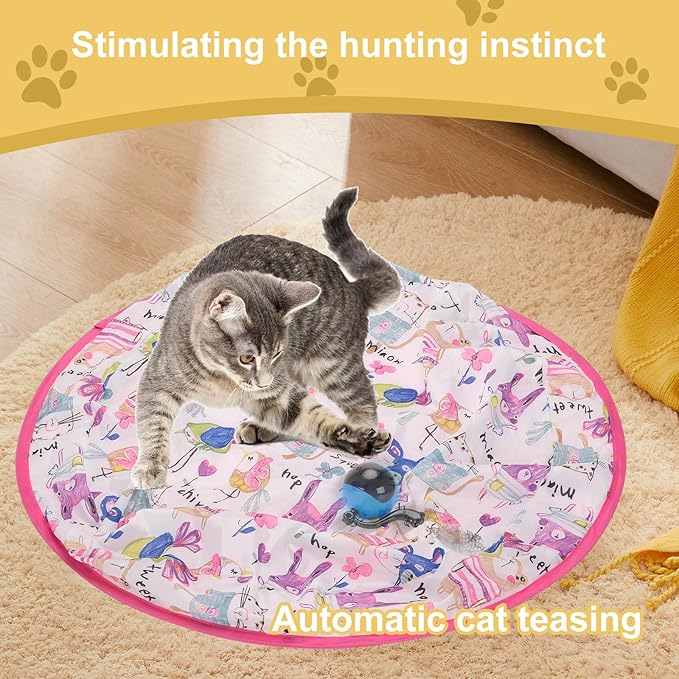 Interactive Cat Toys Ball Self Rolling in Pouch,Hunting Remote Control Simulated Chirping Bird Moving Cat Toy with Mat,Hide and Seek for Indoor Cats Mouse Chasing Games