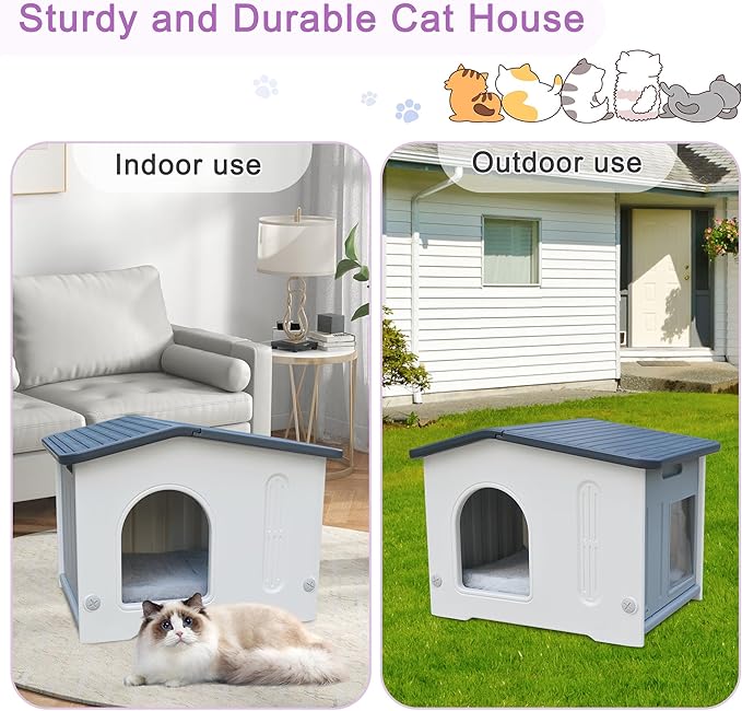 Rockever Plastic Outdoor Cat House with Escape Door, Waterproof Cat Shelters for Feral Cats Indoor Cat House with Mat, Sturdy Cat House for Outdoor Cats, Assemble Easily-Grey