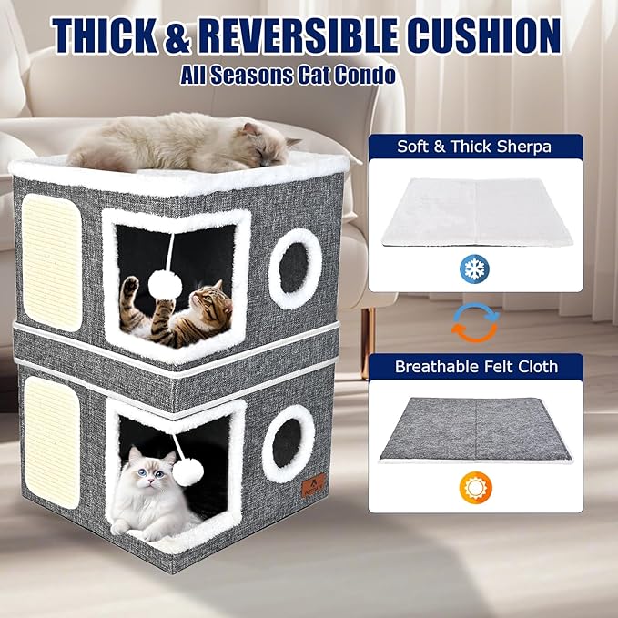 2-Story Cat House for Indoor Cats, Dual-Purpose Cave Bed with Scratch Pad and Fluffy Ball, Foldable Cat Hideaway, Cute Condo Furniture for Multi Small Pet Kitten, Grey