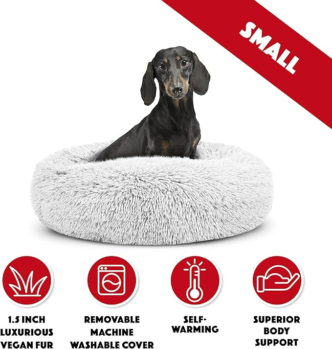 The Dog's Balls Sound Sleep Donut Dog Bed, Small Ice White Fur Calming Nest Bed, Veterinary Approved