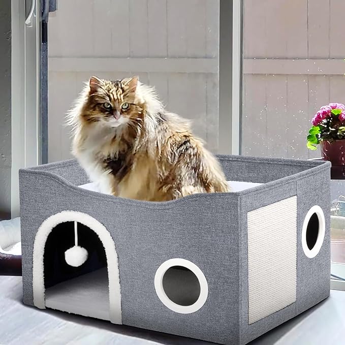 Heeyoo Cat House for Indoor Cats - Large Cat Bed Cave with Fluffy Ball and Scratch Pad, Foldable Cat Houses & Condos, Cat Hideaway, Covered Cat Bed for Multi Small Large Kitty, 23.8x15.9x13.2 Inches