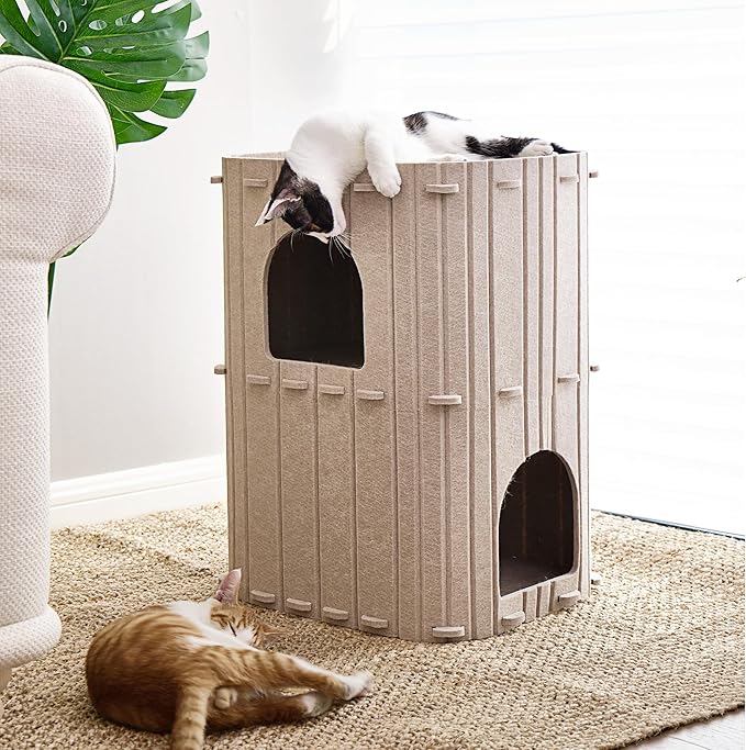 FUKUMARU Cat House for Indoor Cats, 2-Storey Large Cat Bed Cave, Cozy Felt Covered Cats Tunnel Condo Hideaway for Multicats, 17.72x14.37x23.62 inches, Beige