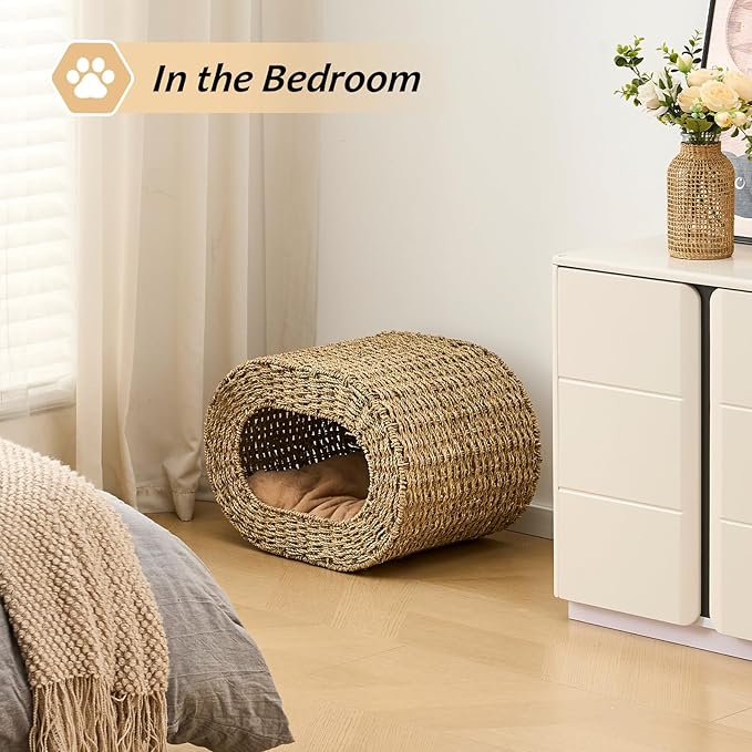 Cat House,Handwoven Cat Cave Pet Cube, Natural Cat Beds Indoor Kitten House with Double-Sided Soft Cushions, Pet Cat House for Multiple Cats, for Living Room Bedroom
