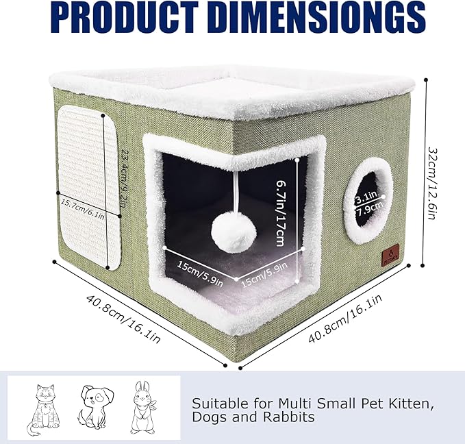 Cat Beds for Indoor Cats, Large Cat Cave Bed with Scratch Pad and Fluffy Ball, Foldable Cat Hideaway, Cat House with Reversible Cushion for Multi Small Pet Up to 30LBS, Green