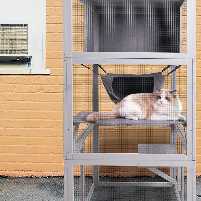 X-ZONE PET Catio Wooden Cat House, Outdoor 3 Floors Cat Enclosure, Indoor Large Kitten playpen with Hammock & Resting Box, Cat Cage Waterproof Roof