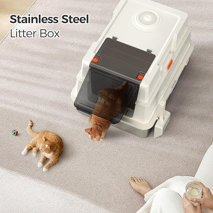 XXXL Stainless Steel Litter Box with Lid,28" L x 20.5" W x 16.5" H Extra Large Cat Litter Box Enclosure for Large and Multi-Cats Families,Non-Sticky, Anti-Leakage, Easy to Clean(White)