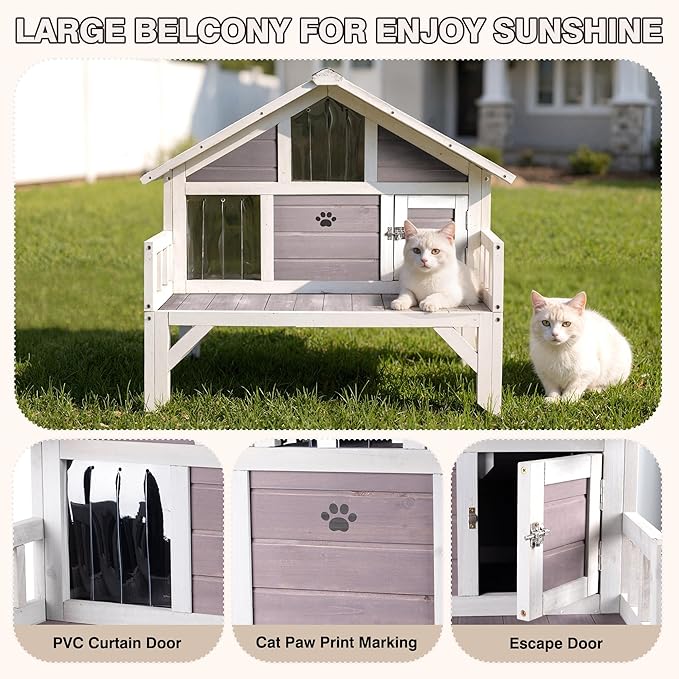 Outdoor Cat House Weatherproof Feral-Cat-Shelter for Winter Large Wooden Pet House for Multiple Cats,with Balcony Escape Doors,Gray