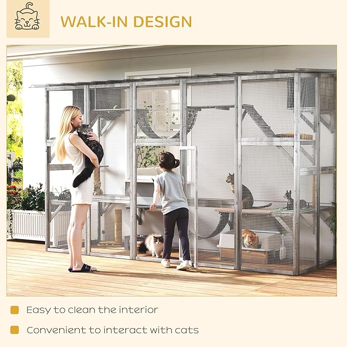 PawHut Catio Outdoor Cat Enclosure Window, Outdoor Cat House with Weather Protection Roof for Multiple Kitties, Wooden Frame, Shelves & Bridges, 118" x 37.5" x 74", Gray