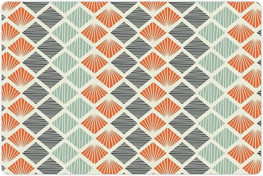Lunarable Geometric Pet Mat for Food and Water, Pop Art Style Retro Rhombus Fractal Stripes Nostalgic Graphic Print, Non-Slip Rubber Mat for Dogs and Cats, 18" X 12", Green Orange