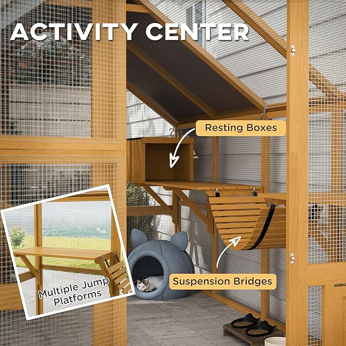 PawHut Large Catio Outdoor Cat Enclosure for Multiple Kittens, Wooden Cat House with Waterproof Cover, Walk in Kitty Cage Kennel with 2 Condos, 6 Platforms, Bridge, Doors, 110" x 73" x 74", Yellow