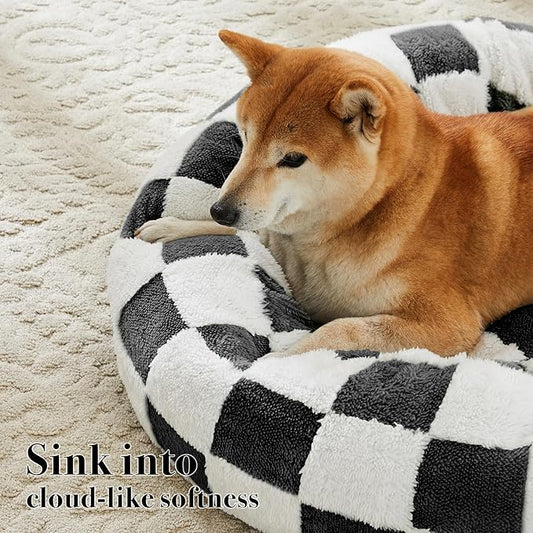 Checkered Dog Bed, Cute Black White Retro Style Aesthetic Round Warming Pet Calming Beds for Small Dog and Cats, Plush Cozy Donut Dog Beds Washable, 30" L x 30" W x 8" Th