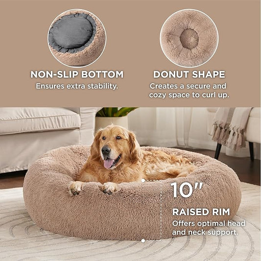 Bedsure Calming Dog Bed for Extra Large Dogs - Donut Washable Large Pet Bed, 45 inches Anti-Slip Round Fluffy Plush Faux Fur Dog Bed, Fits up to 120 lbs Pets, Camel