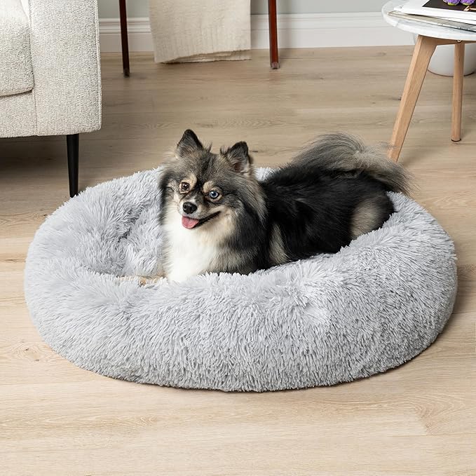 PetAmi Calming Dog Bed for Small Medium Dog Cat, Round Donut Dog Bed Washable, Fluffy Faux Fur Plush Cuddler Pet Kitten Cushion Bed, Anti-Slip, Fits up to 25 lbs, 23 inch, Light Gray