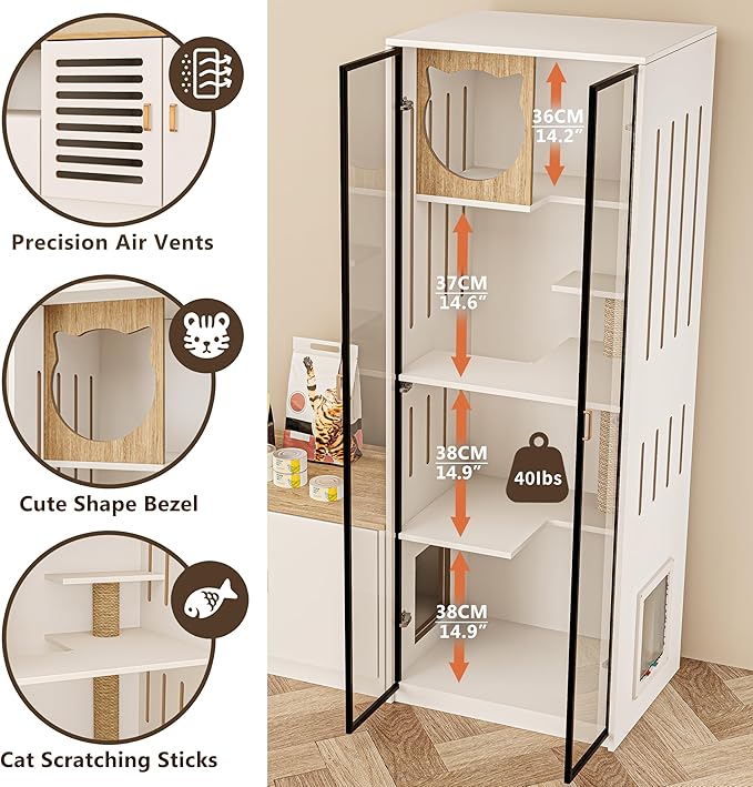 2-in-1 Cat Cabinet with Scratching Posts Litter Box Enclosure with 78.7" TV Stand Modern Cat House Scratch-Resistant for Living Room Home Office