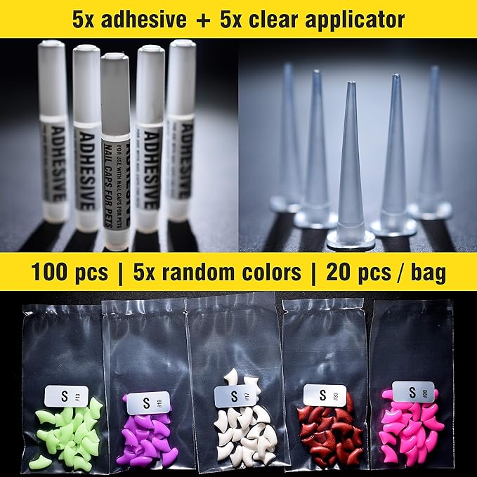 zetpo Cat Nail Caps | Cat Claw Covers | with Adhesives and Applicators (S, 5X Solid Random Colors | 100 pcs)
