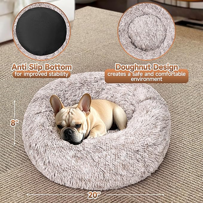 Calming Dog & Cat Bed 2 Pack, 20'' Cat Beds for Indoor Cats, Donut Bed for Puppy and Kitten, Washable Round Fluffy Pet Bed for Small Medium Dogs and Cats (Brown&Grey)
