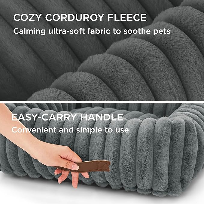 Bedsure Washable Dog Bed for Medium Dogs - Cute Furry Puppy Beds, Rectangle Orthopedic Corduroy Fleece Pet Beds with Removable Zipper Cover, 30x24x8inches, Warm Grey