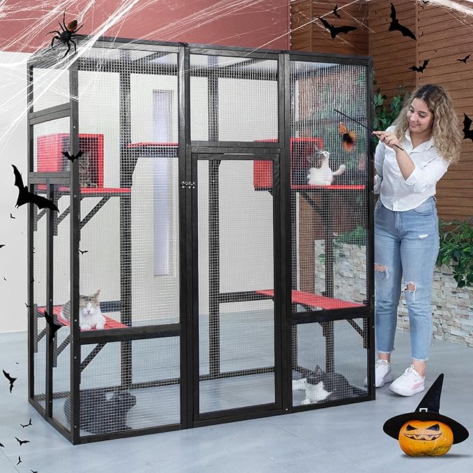 COZIWOW 70Inches Large Spacious Wooden Catio Outdoor Cat Enclosure with Perches and Condos, Cat Cage Indoor with Waterproof Roof, 7 Platforms & 2 Resting Box, UV Resistant (Gothic)