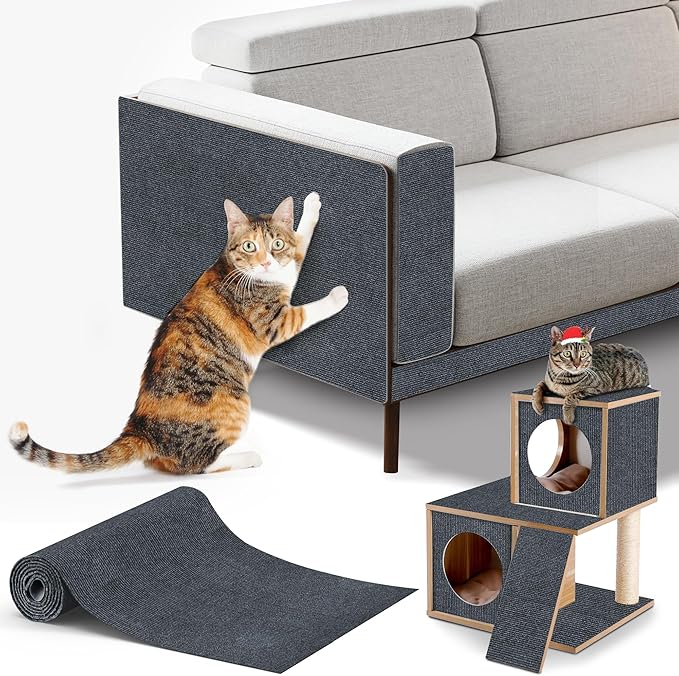cat Scratching mat Self-Adhesive, Trimmable Furniture Protector for Couch, Sofa, Wall & Cat Trees - Durable Scratch Pad with Nano Tape, DIY Climbing Carpet for Indoor Cats(Dark Grey, 23.6"x15.8")