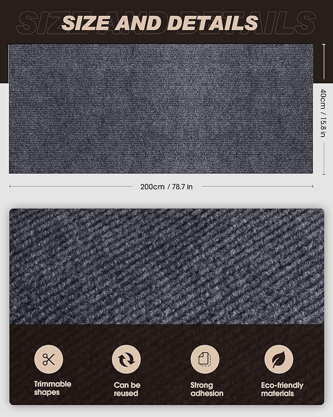 Cat Scratch Furniture Protector, Trimmable Self-Adhesive Carpet, DIY Climb Cat Scratcher Mat for Covering Cat Tower and Couch Protector from Cat Claws (78.7x15.8in Dark Gray)