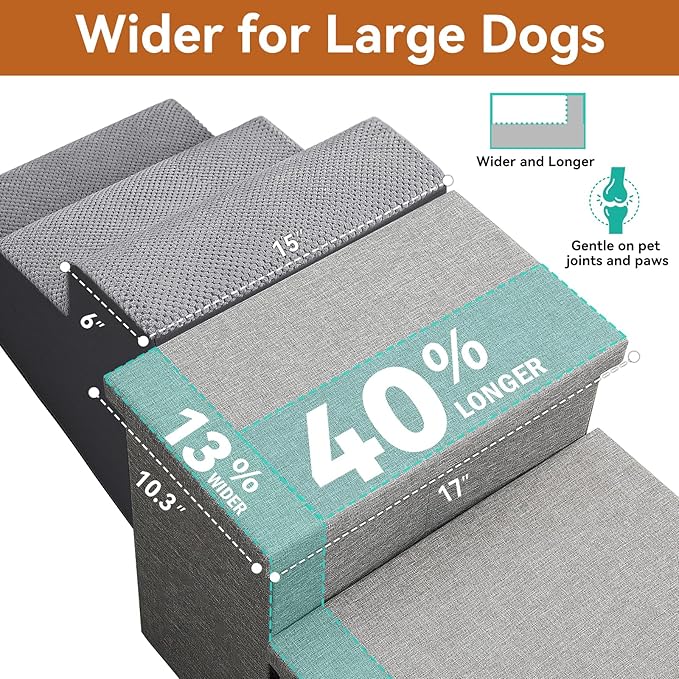 Wider Dog Stairs with Storage 18" H, 3-Step Sturdy Dog Steps for Large/Medium/Small Older Dogs Cats, Folding Pet Stairs Climbing Bed or Couch, Ramp for Car Up to 200 lbs (Gray, No Condo)