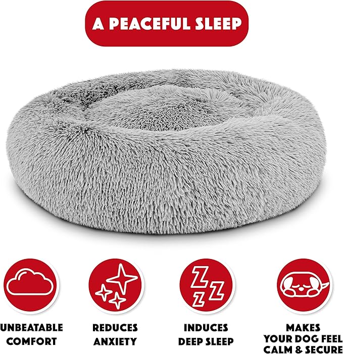 The Dog’s Bed Sound Sleep Donut Dog Bed, Small Silver Grey Fur Calming Nest Bed, Veterinary Approved