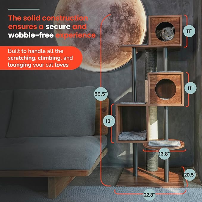 Modern Cat Tree-Sleek Wooden Furniture-Style Tower(60") Blends with Home Decor, Tallest Scratching Post(48"), 3 Cat Condos for Multi-Cat Harmony & Comfort