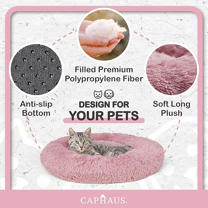 CAPHAUS 24/30 Inch Calming Donut Pet Bed for Small/Medium Cats and Dogs, Anti-Slip Bottom, Washable, Anti-Anxiety Fluffy Round Cat Bed, Indoor Shaggy Cuddler Cotton Candy Brown, Light Gray, Pink Bed