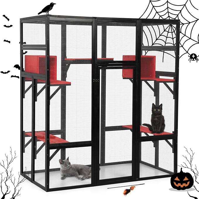 COZIWOW 70Inches Large Spacious Wooden Catio Outdoor Cat Enclosure with Perches and Condos, Cat Cage Indoor with Waterproof Roof, 7 Platforms & 2 Resting Box, UV Resistant (Gothic)
