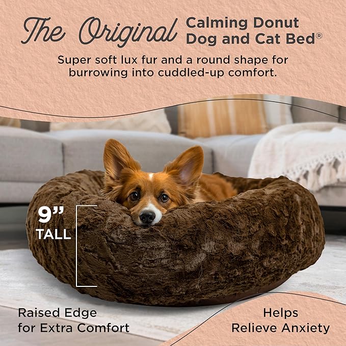 Best Friends by Sheri Original Calming Donut Dog and Cat Bed, Lux Faux Fur, Dark Brown, (30in x 30in) - Anxiety Relief for Pets Up to 45 lbs
