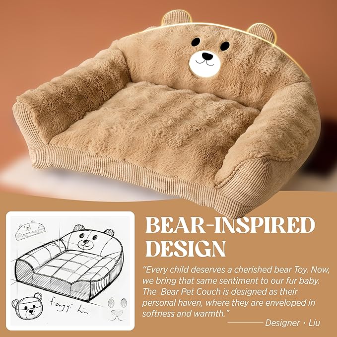 LE SURE Cute Cat Couch for Pets - Fluffy Original Bear Design Cat Beds for Indoor Cats, Fuzzy Cats Sofa with Removable Washable Cover, Supportive Pet Chair, 24inch, Almond