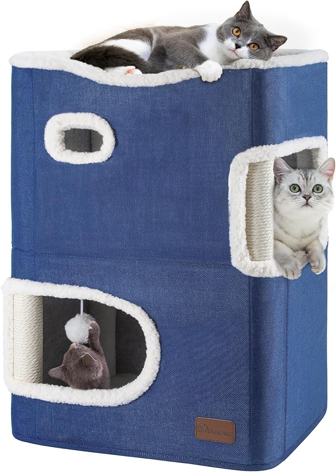 YITAHOME 2-Tier Cat House, Indoor Cat Cave Bed Playhouse, Flannel & Cool Mat, Covered Cat Beds with Scratch Pad and Hideaway Cave, Cute Modern Cat Condo Furniture for Multi Small Cats, Blue