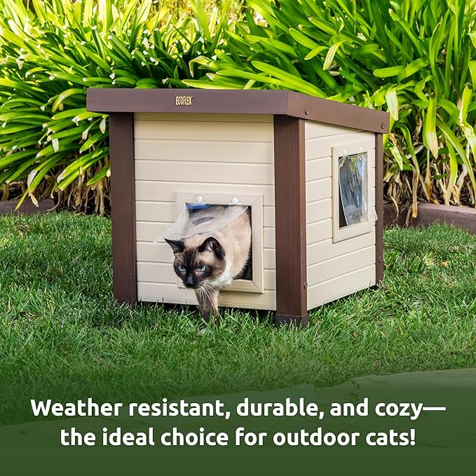 New Age Pet® ECOFLEX® Albany Outdoor Feral Cat House for Multiple Cats with Quick & Easy Assembly, 2 Vinyl Door Flaps Included, Moisture and Odor Resistant