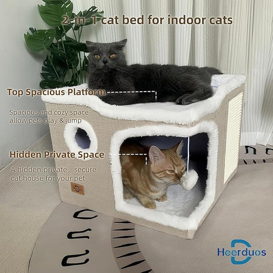 Cat Bed for Indoor Cats,Covered Cat Cave House & Furniture with Scratch Pad,Foldable Cat Hideaway Hut Cute Cat Condo with Soft Washable Mat for Multi Small Pet Under 30 lbs,Khaki