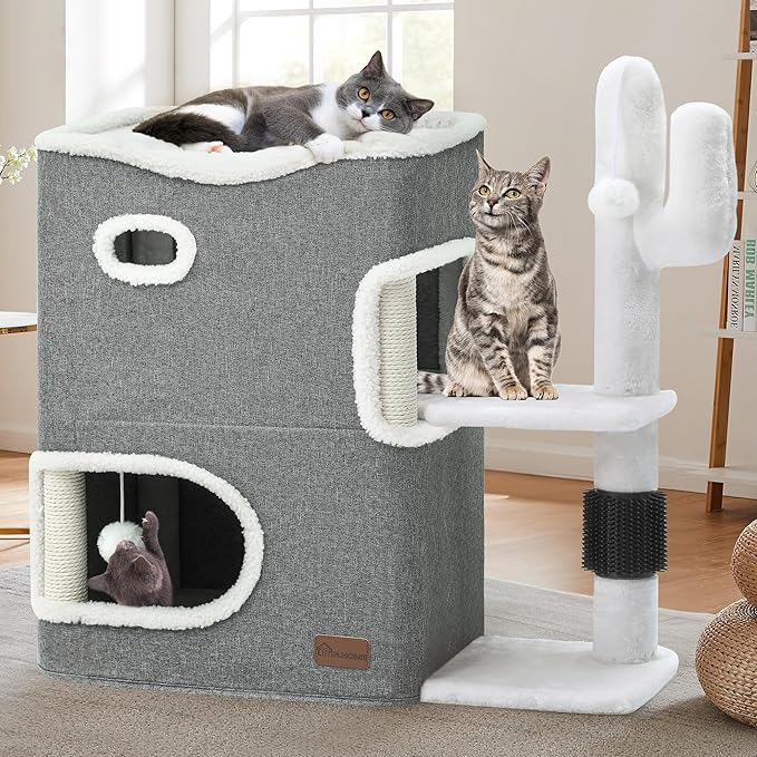 YITAHOME 2-Tier Cat House, Cat Beds for Indoor Cats, Small Cat Condo with Highway Cave, Scratch & Itching Post, Clmibing Stand, Modern Cat Cube Playhouse for Multi Kittens, Grey