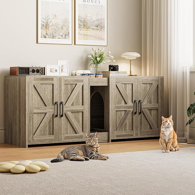 Cat Litter Box Enclosure Furniture - Hidden Litter Box Double Cabinet with Scratch Pad & Cats Bed | Farmhouse Style End Table for Cats | Discreet Cat Washroom for Living Room & Bedroom Grey