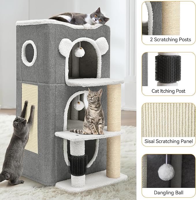 YITAHOME 3-Tier Cat House, Cat Beds for Indoor Cats, Modern Cat Condo with Highway Cave, Scratch & Itching Post, Climbing Stand, Cat Cube Playhouse for Multi Kittens, Grey
