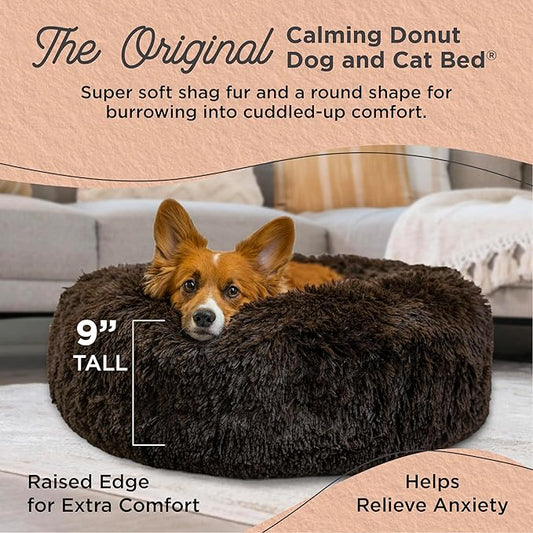 Best Friends by Sheri Original Calming Donut Dog and Cat Bed, Shag Faux Fur, Dark Brown, (30in x 30in) - Anxiety Relief for Pets Up to 45 lbs