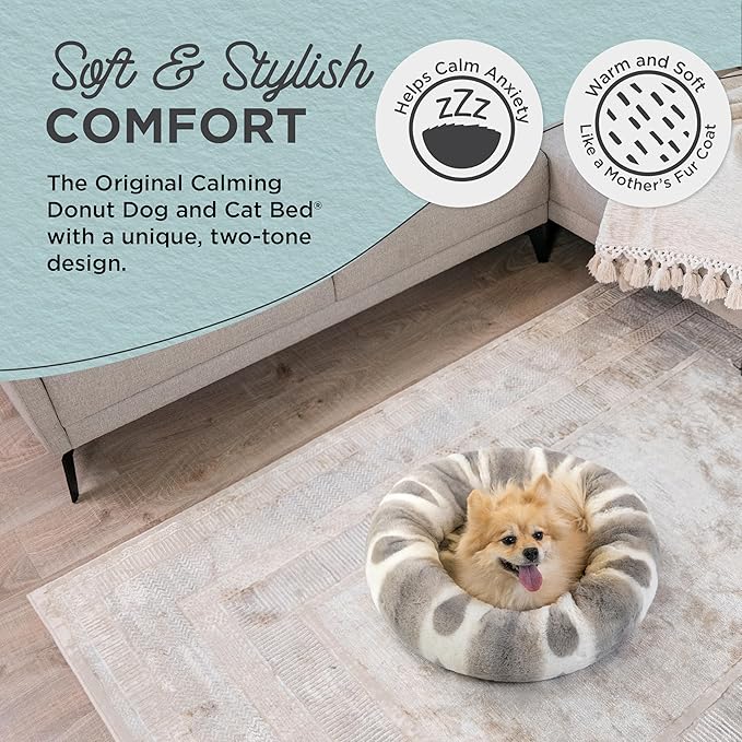 Best Friends by Sheri Patterned Lux Faux Fur Calming Donut Dog Bed, Gray, Small, 23x23