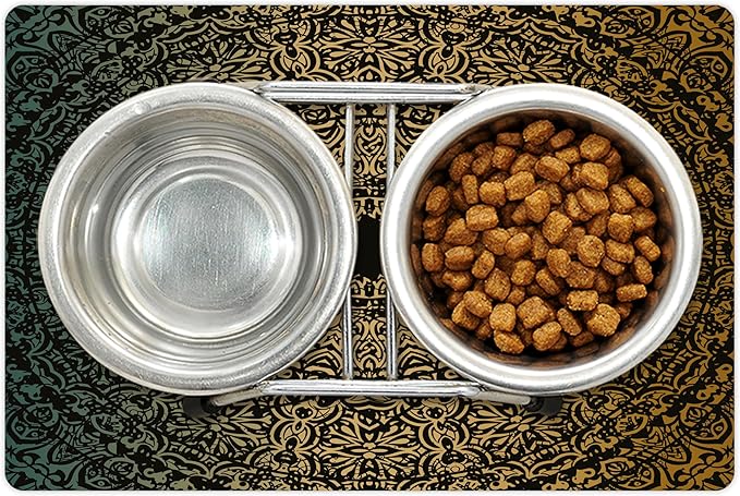 Lunarable Mandala Pet Mat for Food and Water, Round Design Detailed Floral Pattern in Earthy Tones, Non-Slip Rubber Mat for Dogs and Cats, 18" X 12", Fern Green