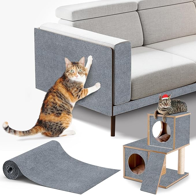 Cat Scratching mat Self-Adhesive, Trimmable Furniture Protector for Couch, Sofa, Wall & Cat Trees - Durable Scratch Pad with Nano Tape, DIY Climbing Carpet for Indoor Cats (Light Grey, 23.6"x15.8")