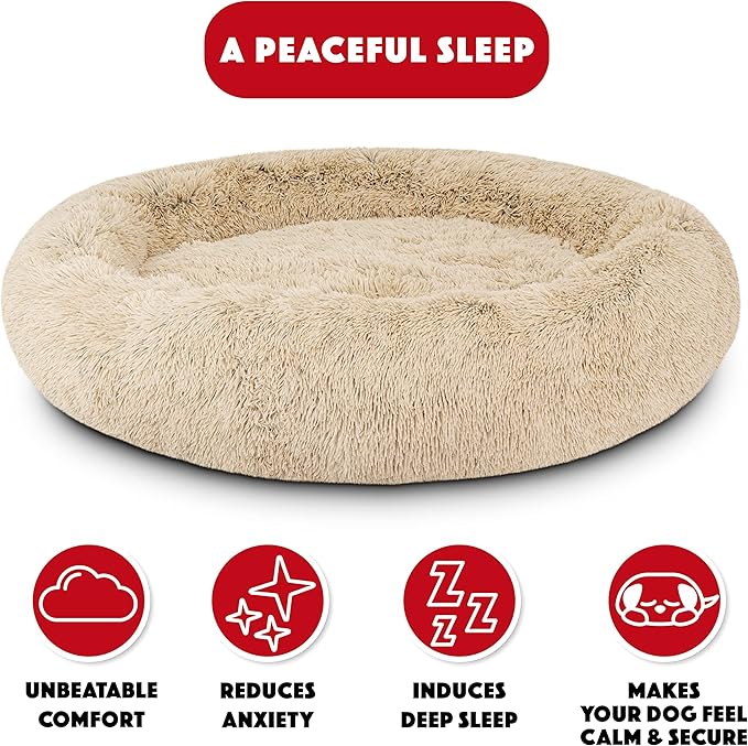 The Dog’s Bed Sound Sleep Donut Dog Bed, XXL Dog Beige Fur Calming Nest Bed Removable Cover, Veterinary Approved