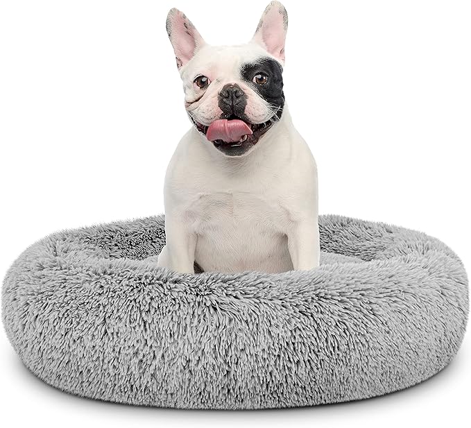 The Dog’s Bed Sound Sleep Donut Dog Bed, Med Silver Grey Fur Calming Nest Bed, Veterinary Approved
